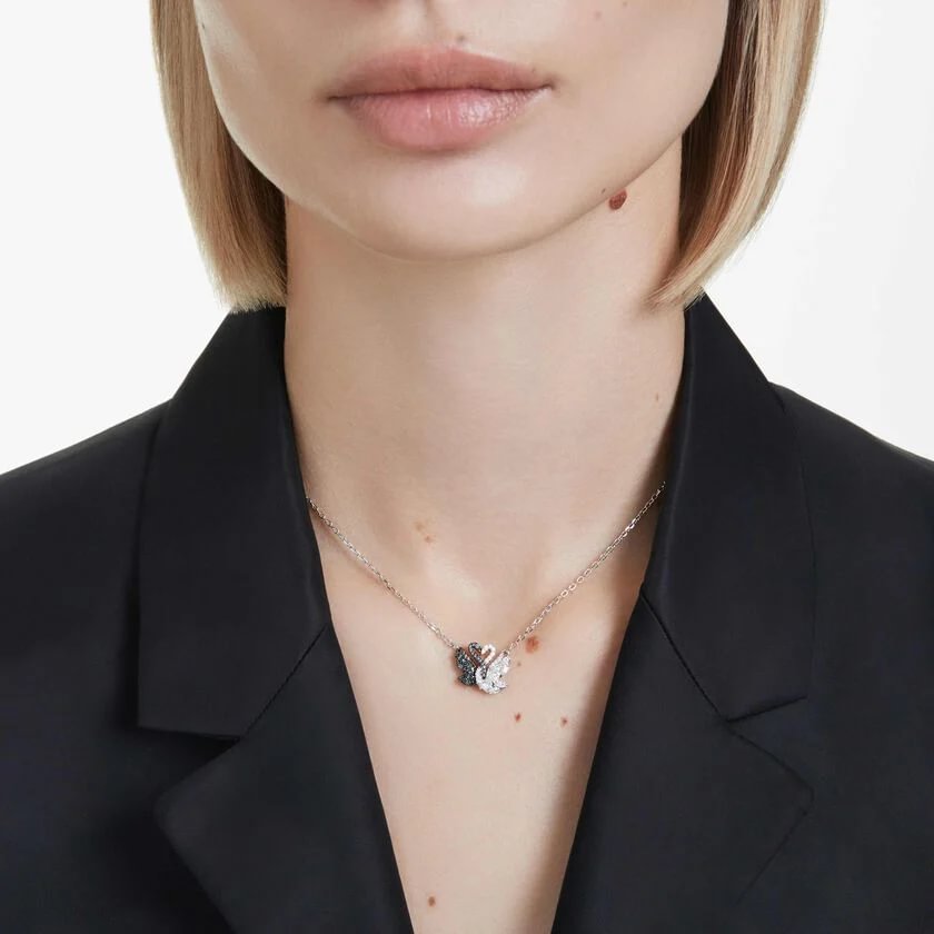 Swarovski Swan Pendant Necklace – Black & White Mixed Metal Elegance